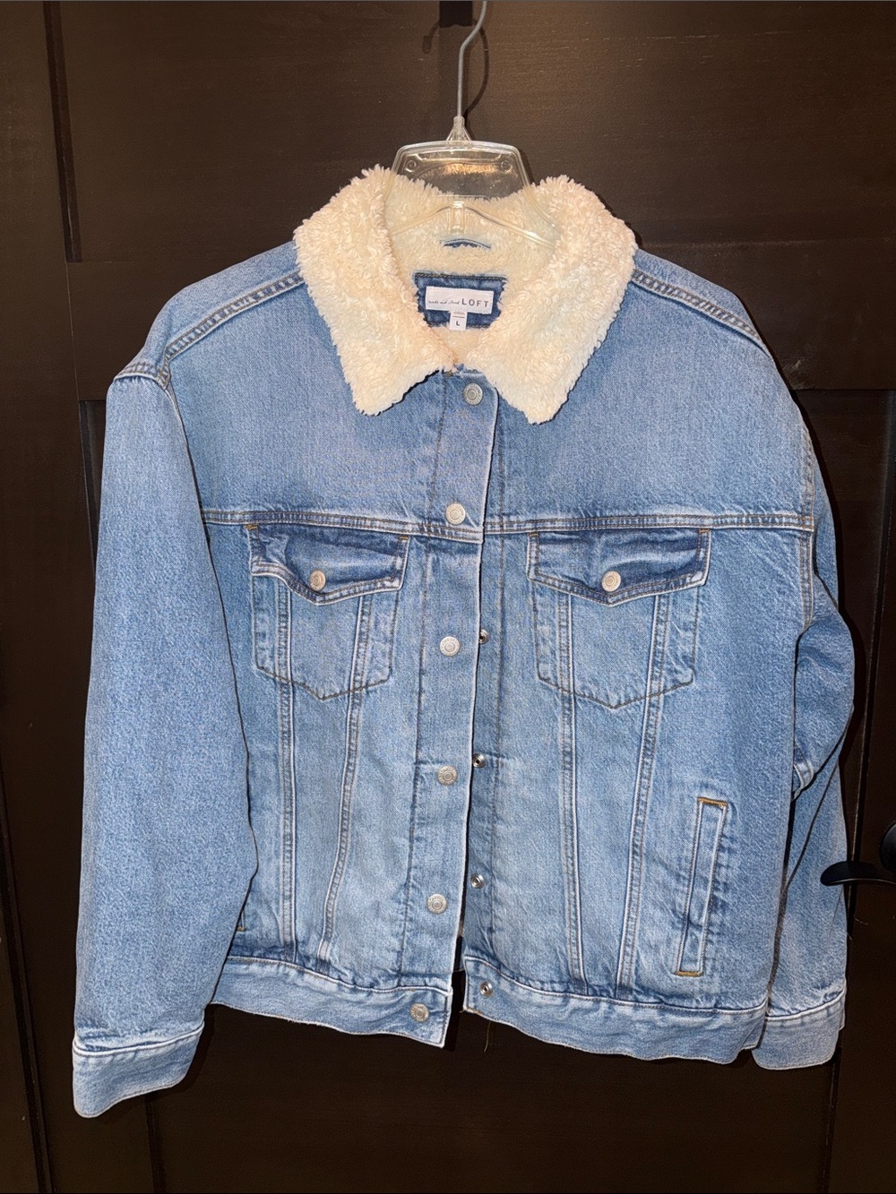 LOFT Light Blue Denim Jacket with Cream Sherpa Collar